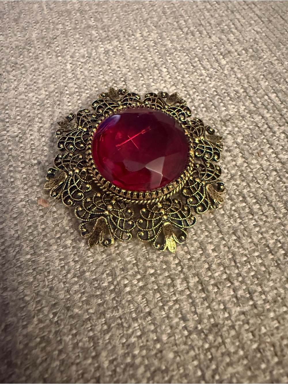 Vintage-Style Gold Filigree Brooch with Red Glass Stone